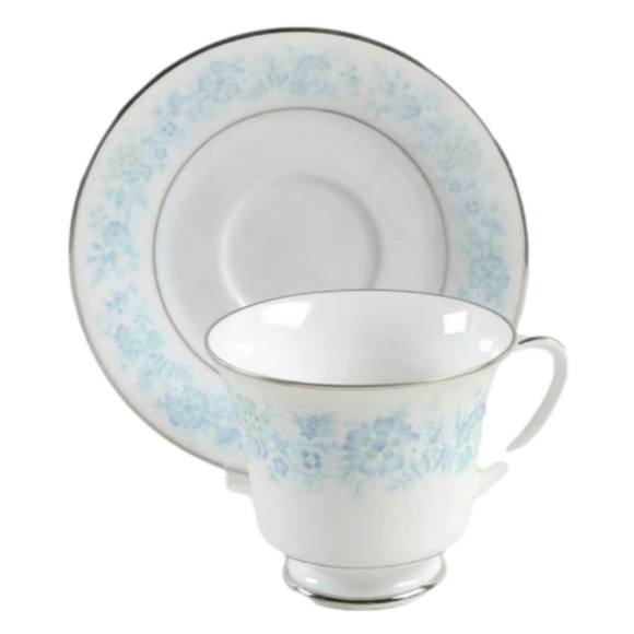 Noritake Milford Footed Cups + Saucers Set, Blue Flowers on White Pattern 2227 - Picture 3 of 12